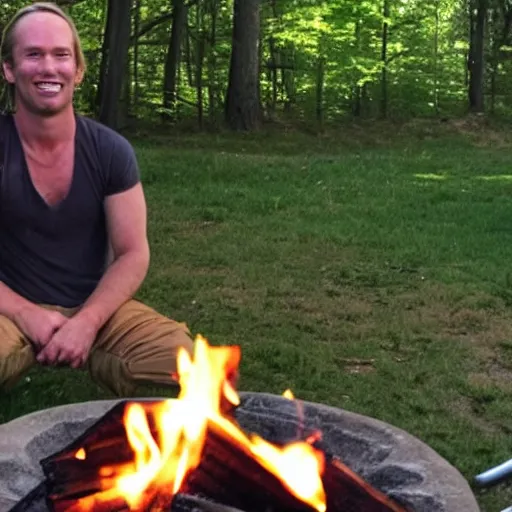 Prompt: photo of hillbilly with long blonde hair smiling near a fire pit