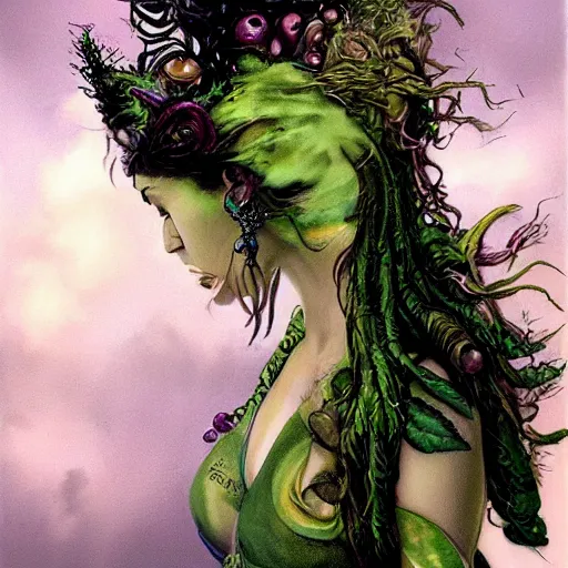 Prompt: the dark princess of cannabis, fantasy painting, very sexy, very young, green dress, fully clothed, wearing dark clothes, multicolored hair, smoking a huge joint, lots of tattoos, realistic but painterly, in the style of michael whelan, lois royo, gerald brom