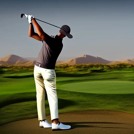 Prompt: a man with pickle textured skin tone golfing in the desert