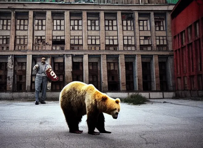 Image similar to gopnik drinking cheap beer with a bear, soviet exterior, symmetrical, cinematic, real photography