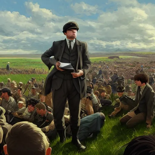 Prompt: irish rebel leader michael collins giving a speech to rebels in the irish countryside, highly detailed, digital painting, concept art, sharp focus, by makoto shinkai