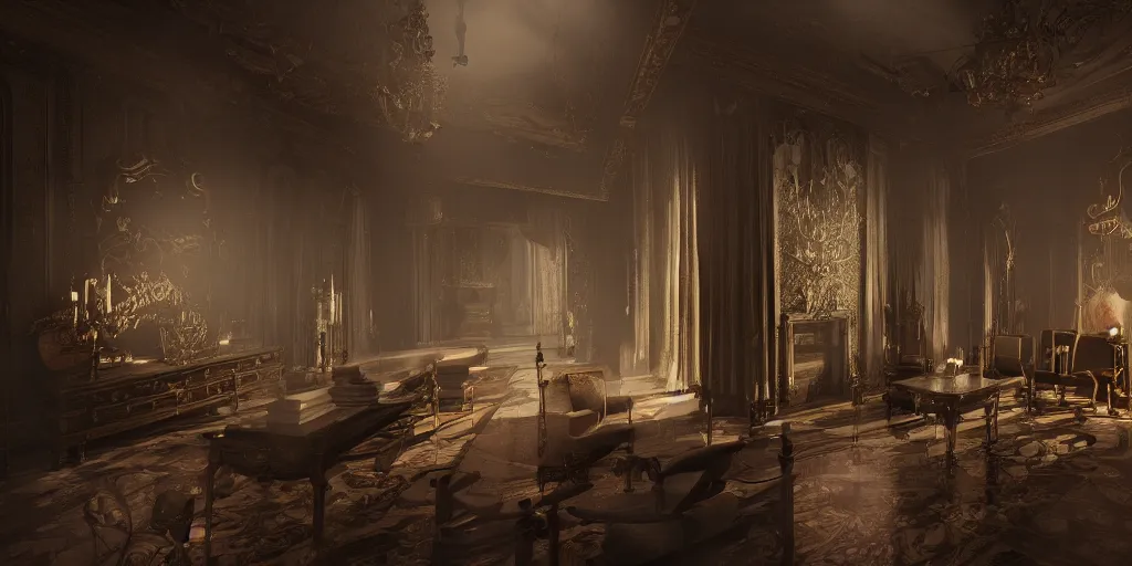 Prompt: vampire mansion, interior design, superwide angle, light through the mist, dramatic lighting, photorealistic, cinematic lighting, high detail, cinematic feel, high octane, 4K, Unreal Engine, digital render, intricate, ultra realistic