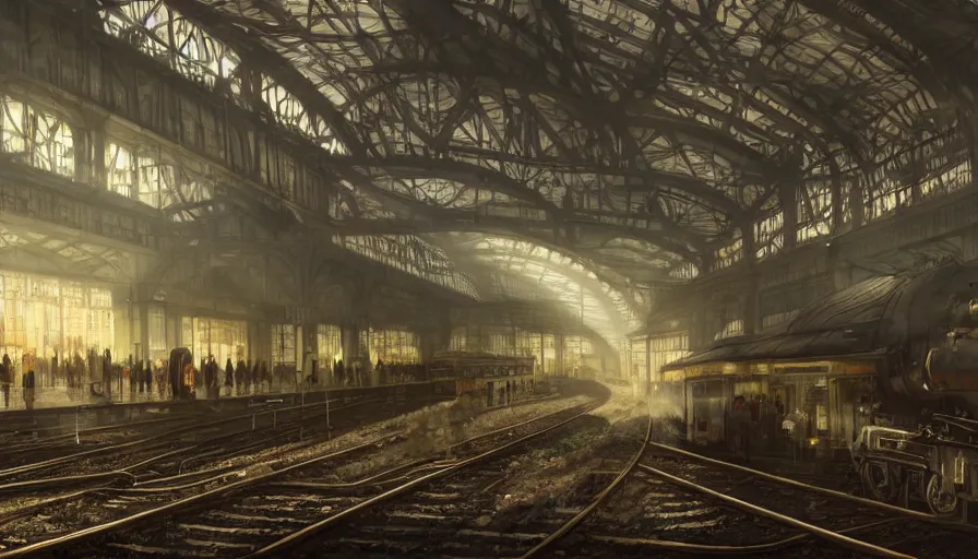 Prompt: Dieselpunk railway station, anamorphic lens, steam, epic composition, diesel trains, intricate, elegant, volumetric lighting, digital painting, highly detailed, artstation, sharp focus, illustration, concept art, ruan jia, steve mccurry