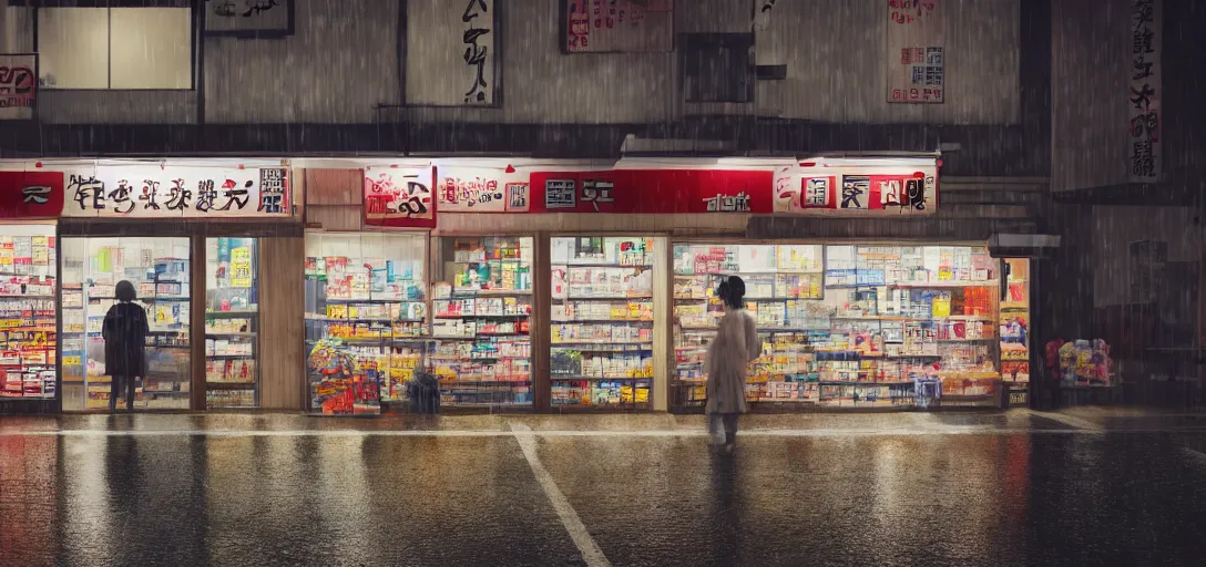 Prompt: photo of a japanese convenience store at night in the rain, small street, rendered in octane, highly detailed, award winning