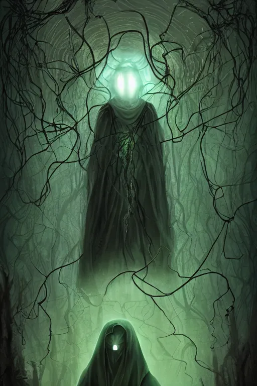 Image similar to A full body portrait of a ghost like shaman with no face, glowing eyes and a very long hooded dark green cloak of leaves and vines, forest spirits flying in the background art by Shaddy Safadi and Jason Chan, ominous, cosmic horror, trending on artstation, Ultra detailed, hyper realistic 4k