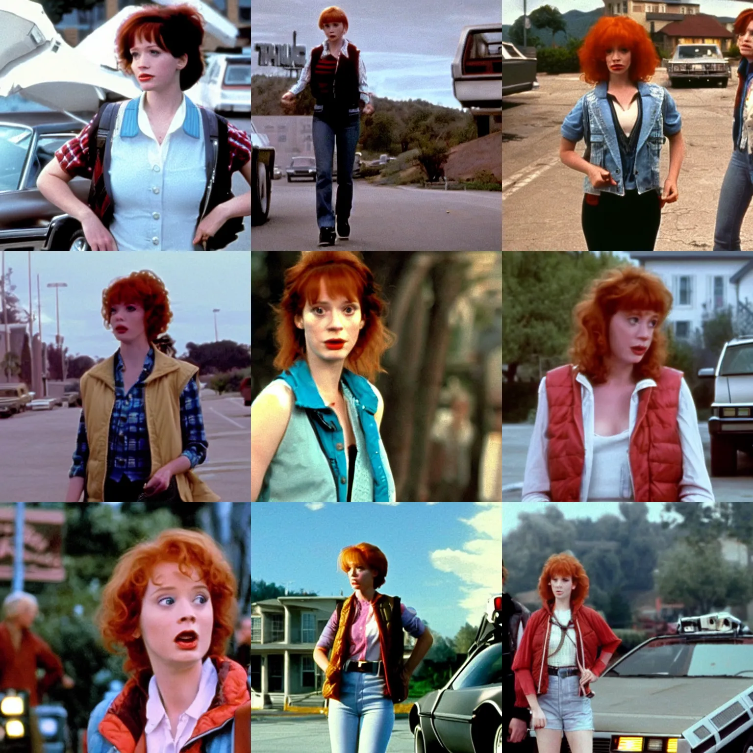 Prompt: female marty mcfly, wearing vest, played by young christina hendricks, back to the future movie still, hill valley in background ( 1 9 8 5 )