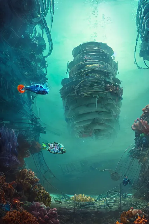 Image similar to high quality photo of cinematic underwater dystopian futurist city ruins with giant bioluminescent multicolored mutant fish and cyborg jellyfish, masterpiece, aykut aydogdu eric zener, very dramatic volumetric light, long shot, ground angle uhd 8 k, deep focus