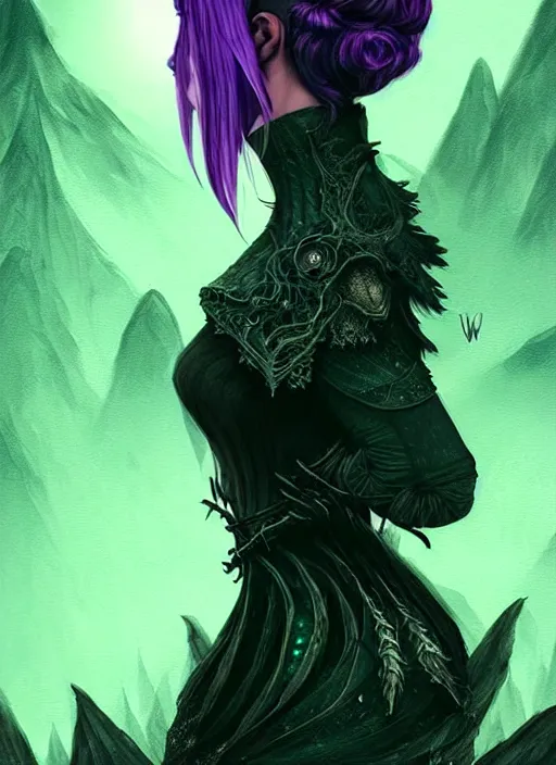 Image similar to side portrait dark witch, adventurer outfit large cloak, fantasy forest landscape, dragon scales, fantasy magic, undercut hairstyle, short purple black fade hair!!!!!!, dark light night, intricate, elegant, sharp focus, illustration, highly detailed!!!!!!!, digital painting, concept art, green neon smoke, matte painting, art by WLOP and Artgerm and Greg Rutkowski and Alphonse Mucha, masterpiece