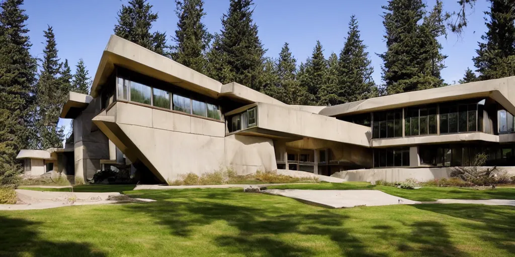 Image similar to large futuristic residence, pacific northwest, cedar and white concrete, many large windows, triangular elements designed by frank lloyd wright