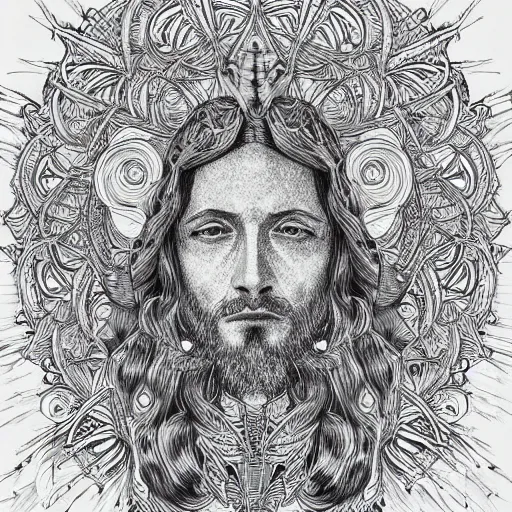 Prompt: Geometrically surreal Jesus, extremely high detail, photorealistic, intricate line drawings, dotart, album art in the style of James Jean