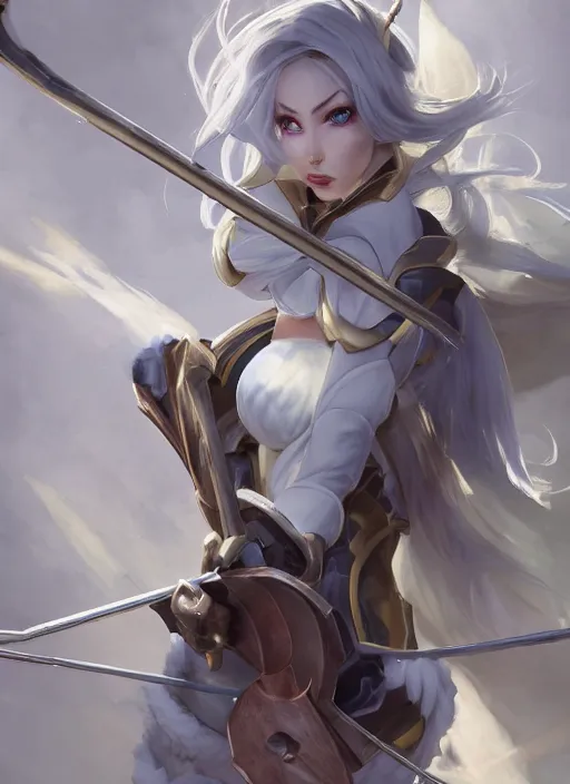 Image similar to ashe, from league of legends, shooting arrows with a silver bow, wearing fluffy skin, long skirt, hyper detailed, digital art, trending in artstation, cinematic lighting, studio quality, zoom in, smooth render, unreal engine 5 rendered, octane rendered, art style by klimt and nixeu and ian sprigger and wlop and krenz cushart