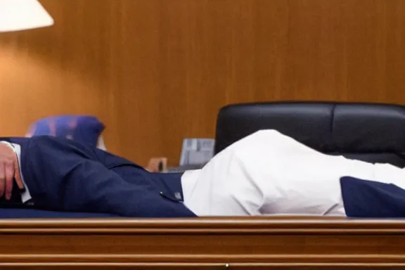 Image similar to a far away shot of Joe Biden sleeping on a bed in a court room