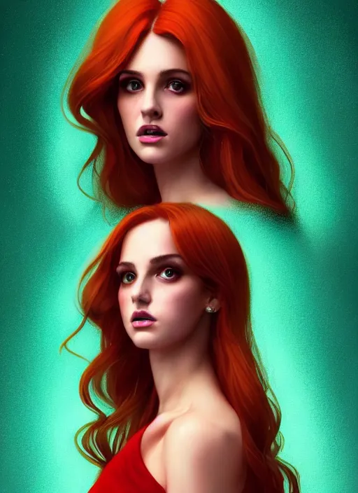 Image similar to full body portrait of teenage cheryl blossom, bangs, green eyes, mischievous expression, red hair, sultry smirk, bangs and wavy hair, intricate, elegant, glowing lights, highly detailed, digital painting, artstation, concept art, smooth, sharp focus, illustration, art by wlop, mars ravelo and greg rutkowski