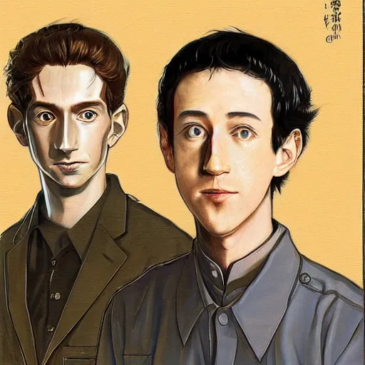 Image similar to anime joseph goebbels and mark zuckerberg by hasui kawase by richard schmid