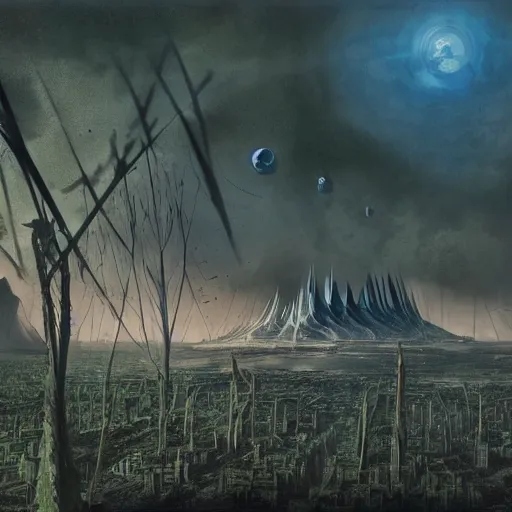 Image similar to future forest city attacked, trees, plant, broken buildings, doom of the gods, monster, gravity mess, star trek, glory war, photograph, by arthur haas and bruce pennington and john schoenherr, cinematic matte painting, zaha hadid building, photo realism, dark moody color palate, blue hour stars, desolate glacial landscape,