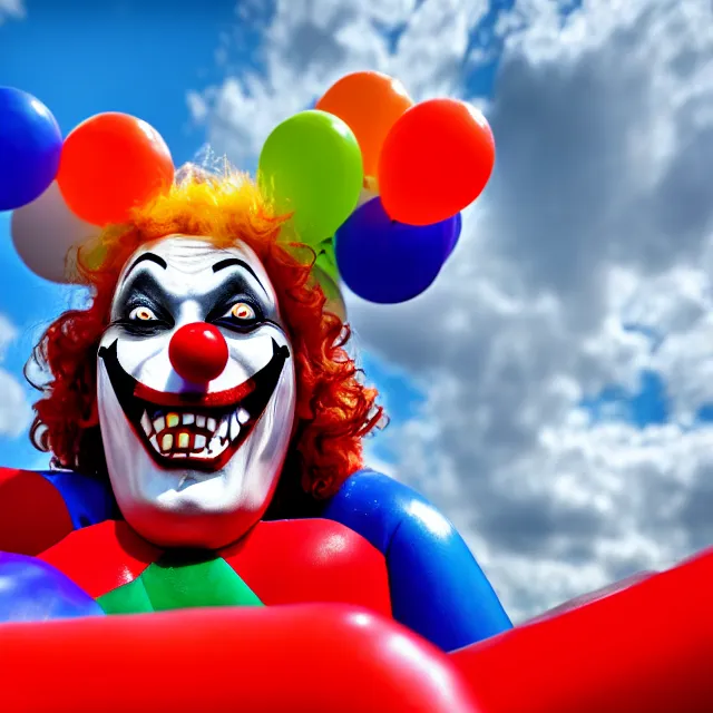 Image similar to scary bouncy castle clown, highly detailed, 8 k, hdr, smooth, sharp focus, high resolution, award - winning photo