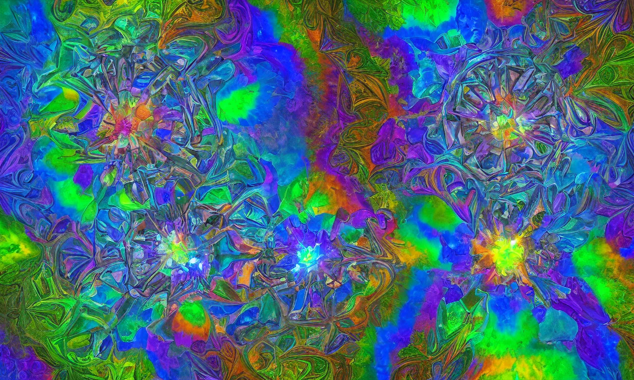 Image similar to acrylics blob voronoi engine laboratory 3 d volume kaleidoscope mandala fractal chakra digital multicolor stylized concept substance liquid nebula stone, a spectacular view cinematic rays of sunlight comic book illustration, by john kirby radiating a glowing aura global illumination ray tracing hdr depth fog overlay multiply photoshop layer