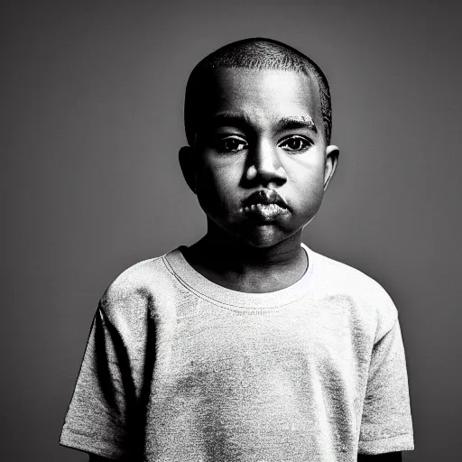 Prompt: the face of young kanye west wearing yeezy clothing at 6 years old, black and white portrait by julia cameron, chiaroscuro lighting, shallow depth of field, 8 0 mm, f 1. 8