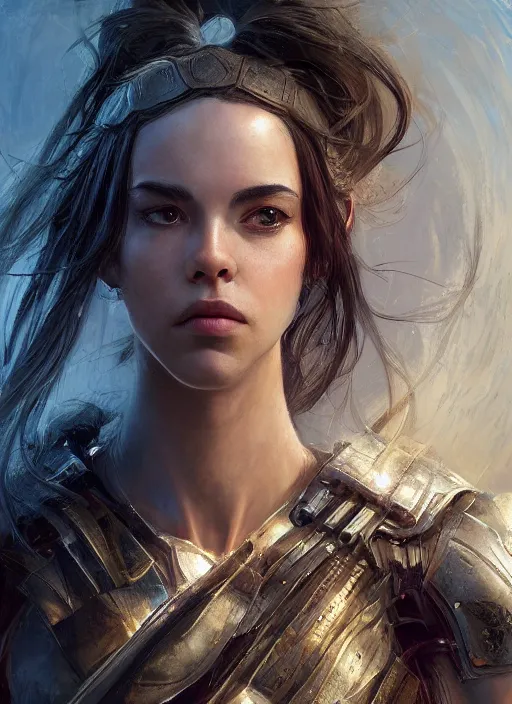 Image similar to a professional portrait of a beautiful young female, clothed in ethereal battle armor, olive skin, long dark hair, beautiful bone structure, symmetrical facial features, intricate, elegant, digital painting, concept art, smooth, sharp focus, finely detailed, illustration, from Valerian and the City of a Thousand Planets, in the style of Ruan Jia and Mandy Jurgens and Artgerm and Greg Rutkowski and William-Adolphe Bouguerea