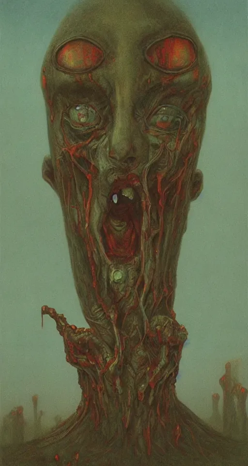 Image similar to Painting in a style of Beksinski featuring a giant alien crying. Pain and suffering in the background