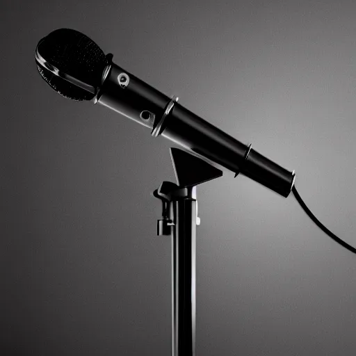 Image similar to 3 d render of stainless steel retro microphone on the black onyx stand, octane render, corona render, unreal engine, realistic render,