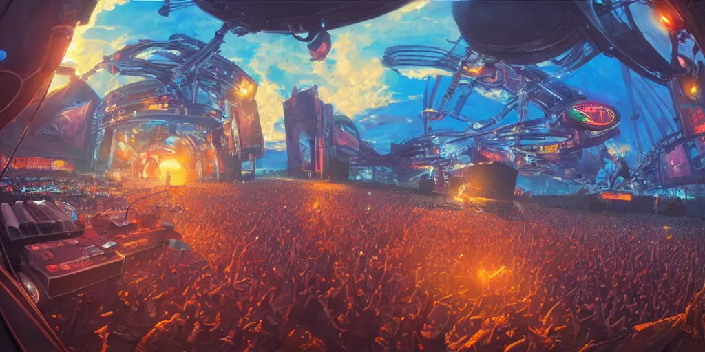 Prompt: the year 3 0 0 0 on a festival with armin van buuren as a dj, extremely detailed oil painting, unreal 5 render, rhads, bruce pennington, studio ghibli, tim hildebrandt, digital art, octane render, beautiful composition, trending on artstation, award - winning photograph, masterpiece