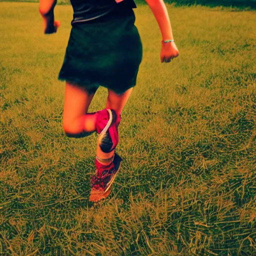 Prompt: somewhat zoomed in picture of a punk girl running in a grass field during a rainy night, hdr, vibrant colors, lifelike, soft light, hyperdetailed, photography, aesthetic, neon lights