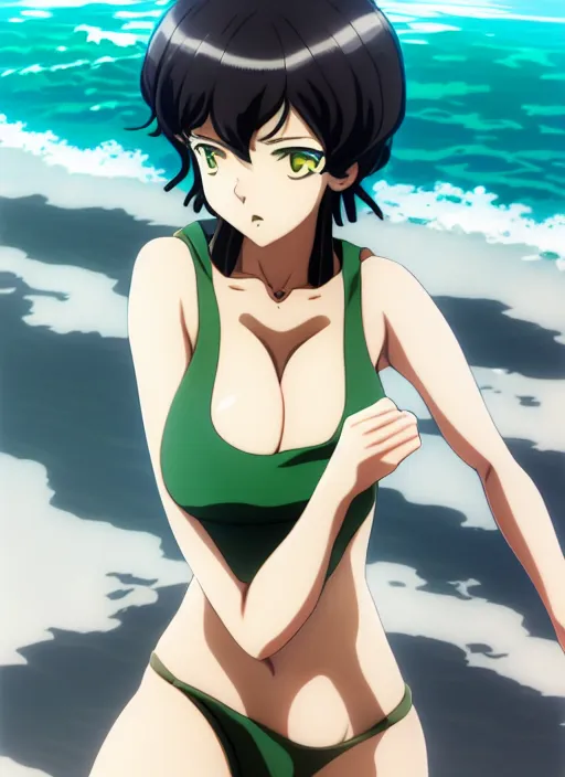 Image similar to film still portrait of fubuki from one punch man, wearing two - piece swimsuit, closeup at the faces, ilya kuvshinov, finely detailed feature, anime, deroo, pixiv top monthly, trending on artstation, cinematic, danbooru, zerochan art, kyoto animation