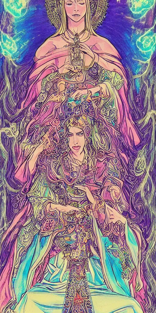 Prompt: a mystical woman priestess sitting on a throne, the divine feminine, drawn by studio UFOTABLE, psychedelic, fine line work, pastel colors, Tarot cards. The empress tarot card, detailed