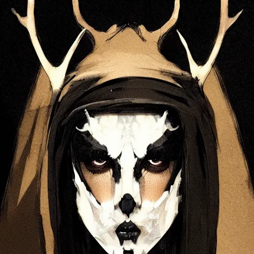 Image similar to portrait of a character wearing a black cloak, with a white mask in the shape of a deer skull, the mask covers her entire face, there are no antlers, dramatic lighting, illustration by Greg rutkowski, yoji shinkawa, 4k, digital art, concept art, trending on artstation