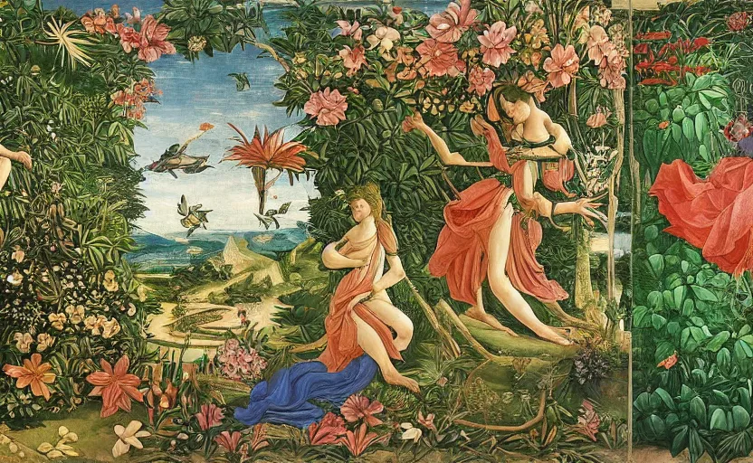 Prompt: mural depicting a lush floral oasis in a beautiful alien world, sci fi world, fantasy world, in the style of sandro botticelli, caravaggio, albrecth durer