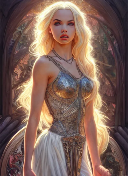 Image similar to ultra realistic illustration, a stunningly beautiful greek gothic goddess of chaos played by jordyn jones and dove cameron and margot robbie and taylor swift and megan fox and adriana lima, intricate, elegant, highly detailed, digital painting, artstation, concept art, smooth, sharp focus, illustration, art by artgerm and greg rutkowski and alphonse mucha