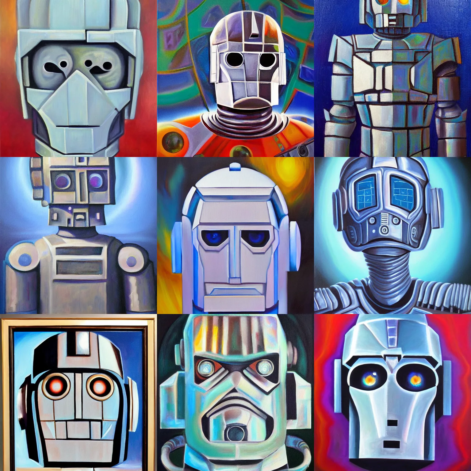 Prompt: crystalline cyberman, oil painting on canvas, trending