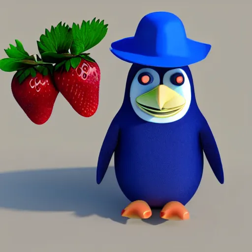 Prompt: Beautiful 3d tender of a angry blue pingüin with a hat Made strawberry dramatic lighting