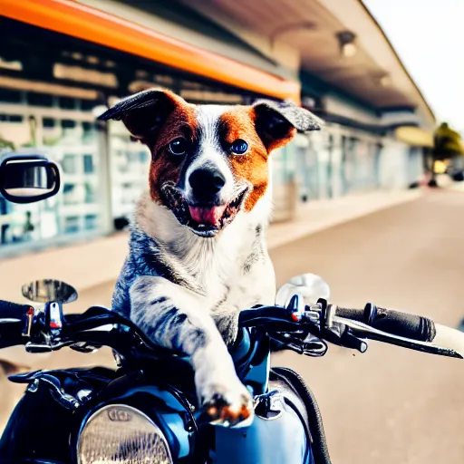 Image similar to blue heeler dog on a motorcycle, 8 k photography, blurred background of a wafflehouse