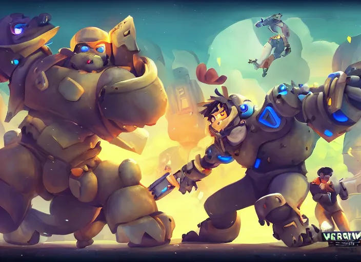 Image similar to willyrex being beaten by a huge golem, digital art, overwatch splashart