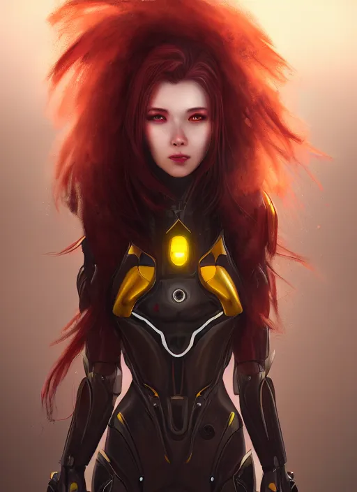 Image similar to detailed portrait of perfect deep red haired girl, android, warframe armor, beautiful, pretty face, yellow cyborg eyes, innocent, scifi, 4 k, sun yunjoo, ultra realistic, aura of light, cinematic lighting, highly detailed, sharp focus, artstation, masterpiece, art by hyungjin yang