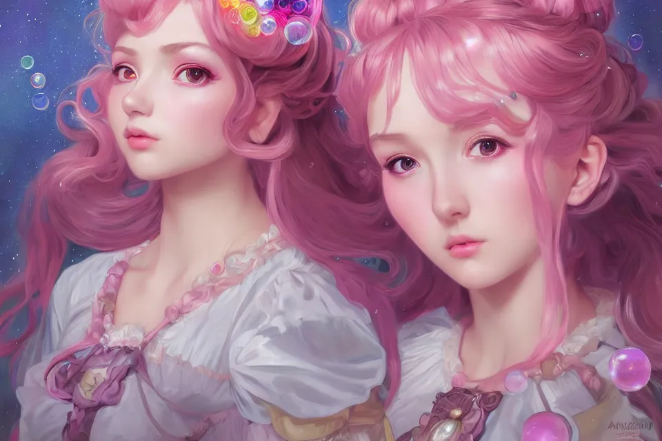 Prompt: dream portrait of magical lolita girl, dreamy and ethereal, expressive pose, big pink eyes, exciting expression, fantasy, intricate, elegant, many rainbow bubbles, rose tones, highly detailed, digital painting, artstation, concept art,cyberpunk wearing, smooth, sharp focus, illustration, art by artgerm and greg rutkowskiand alphonse mucha.