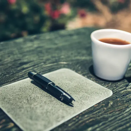 Prompt: a lid on a pen in a cup on a coaster on a table in a garden on a mountain