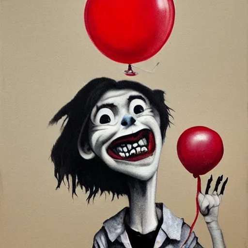 Image similar to grunge painting of david dobrik with a wide smile and a red balloon by chris leib, loony toons style, pennywise style, corpse bride style, horror theme, detailed, elegant, intricate