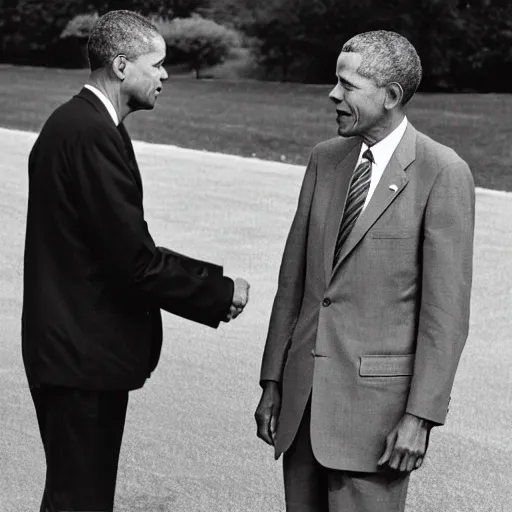 Prompt: photograph of 9 1 - year old former president, john f. kennedy meeting president obama