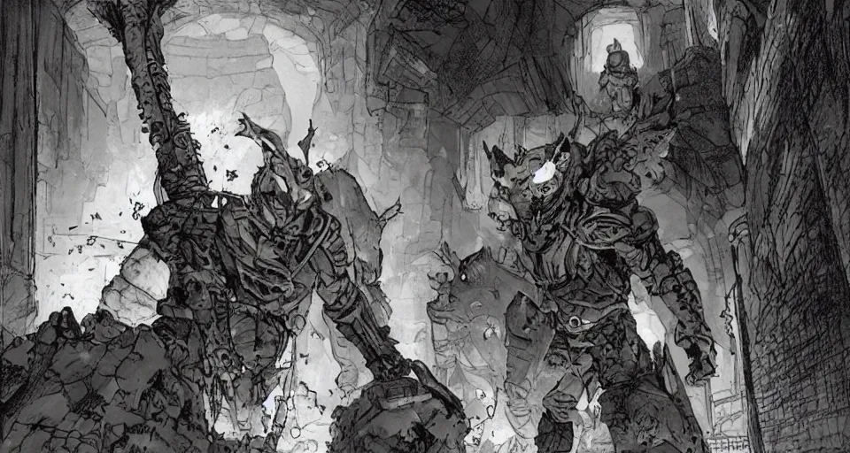 Image similar to wolf, a scene depicting a space adventurer in a dungeon. By Travis Charest, James Gurney, and Ashley Wood. Artstation Trending. Magic the gathering.