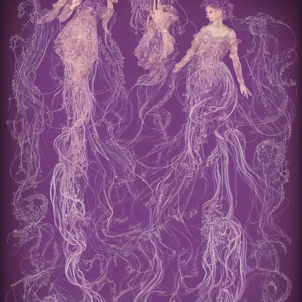 Image similar to purple dress design in the style of rococo ,Victorian era，jellyfish element,Goldenlace element,dreamy, soft ,Backlight ,luminescence,Aetherpunk,highly detailed,8k