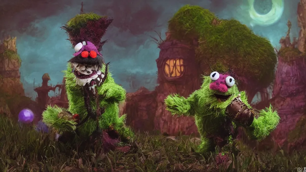 Image similar to 3 d model of a furry adorable sinister muppet monster by jim henson and alexander jansson : 1 | spectral color, electric color, rolling hills : 0. 9 | fantasy : 0. 9 | by dave melvin : 0. 4 | unreal engine, deviantart, artstation, octane, finalrender, concept art, hd, 8 k resolution : 0. 8