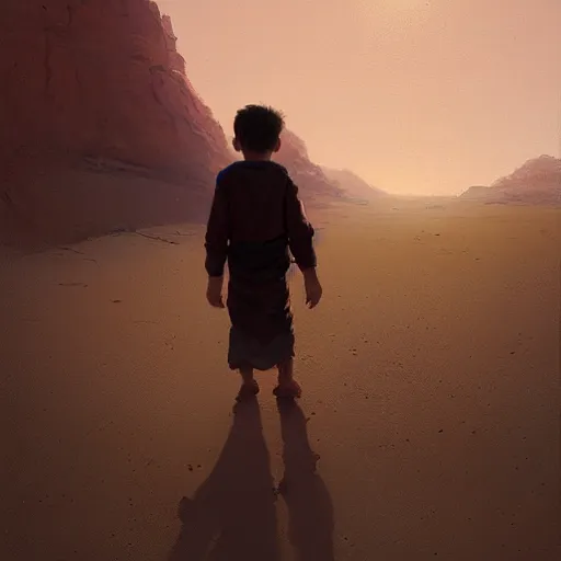 Image similar to a young boy traveling through the desert, painting by Greg Rutkowski, at dawn