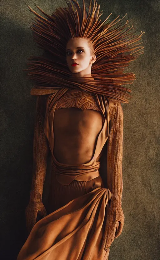 Image similar to Fashion photography of a woman wearing an outfit inspired by Dune (2021), artistic photography, cinematic lighting, insanely detailed, cinestill 800t, Vogue magazine