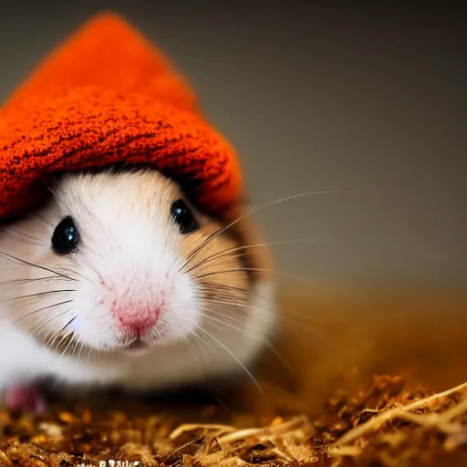 Image similar to a photograph of a dwarf hamster wearing a beanie, hd, macro photography, sharp focus, cinematic lighting, enhanced colors, flickr