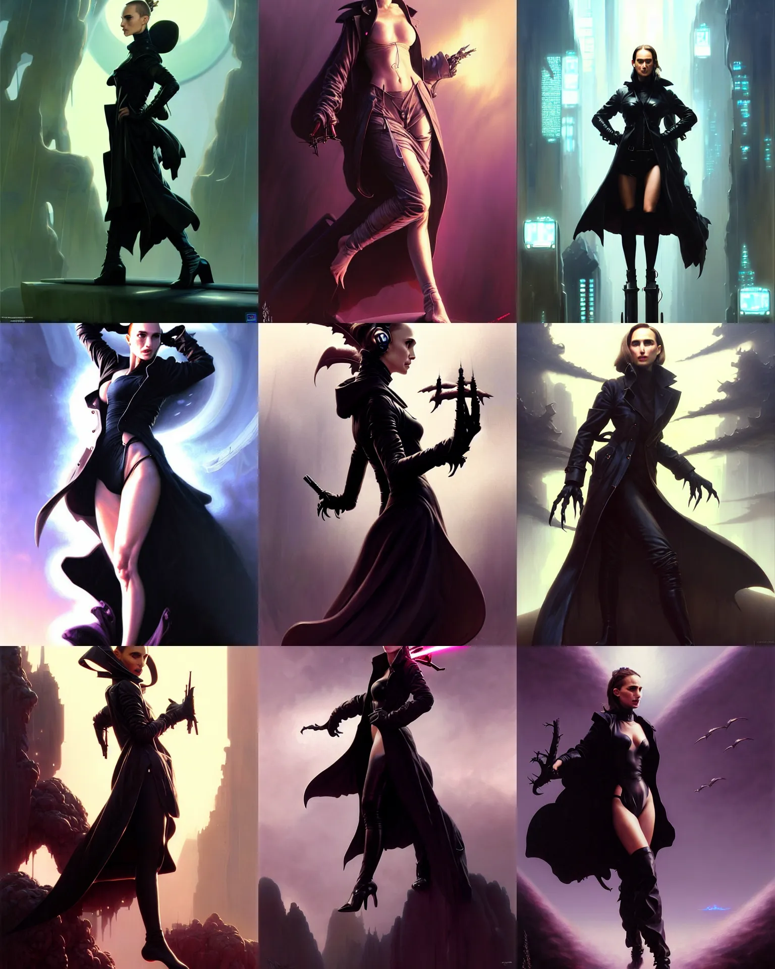 Prompt: beautiful fantasy character portrait, natalie portman, wearing oversized black trench coat, ultra realistic, wide angle, dramatic lighting, vultures, very seductive pose, cyberpunk artifacts, highly detailed by peter mohrbacher, hajime sorayama, wayne barlowe, boris vallejo, aaron horkey, gaston bussiere, craig mullins