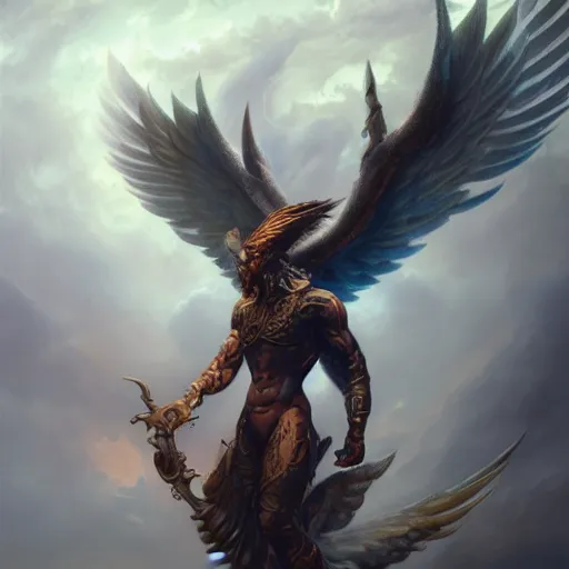 Image similar to full body shot of a male god with wings on his shoulder, digital art by raymond swanland and peter mohrbacher, 8 k,