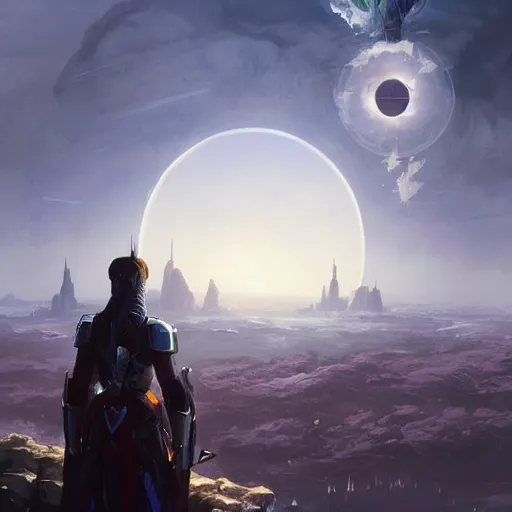 Image similar to A Hunter from Destiny overlooking the Last City with a giant white sphere in the sky, D&D, highly detailed, digital painting, artstation, concept art, sharp focus, illustration, art by artgerm and greg rutkowski and alphonse mucha
